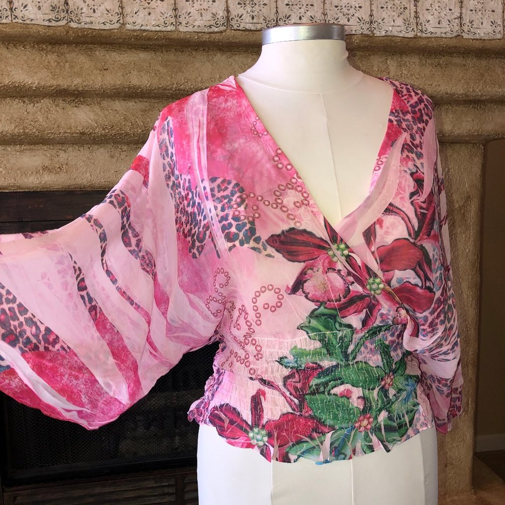 Unique sheer Kimono top, pink/leopard